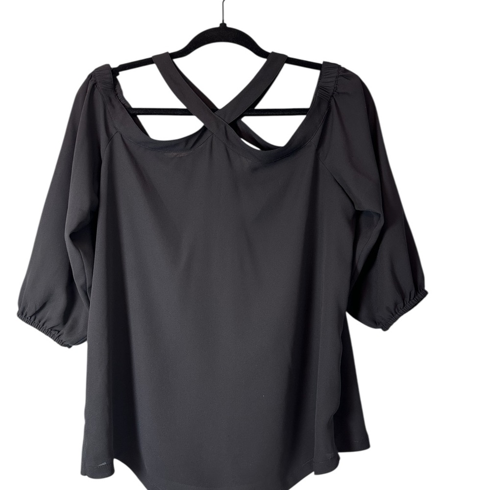 LOFT Black Cross-Front/Back Black Blouse Blouse Sz S